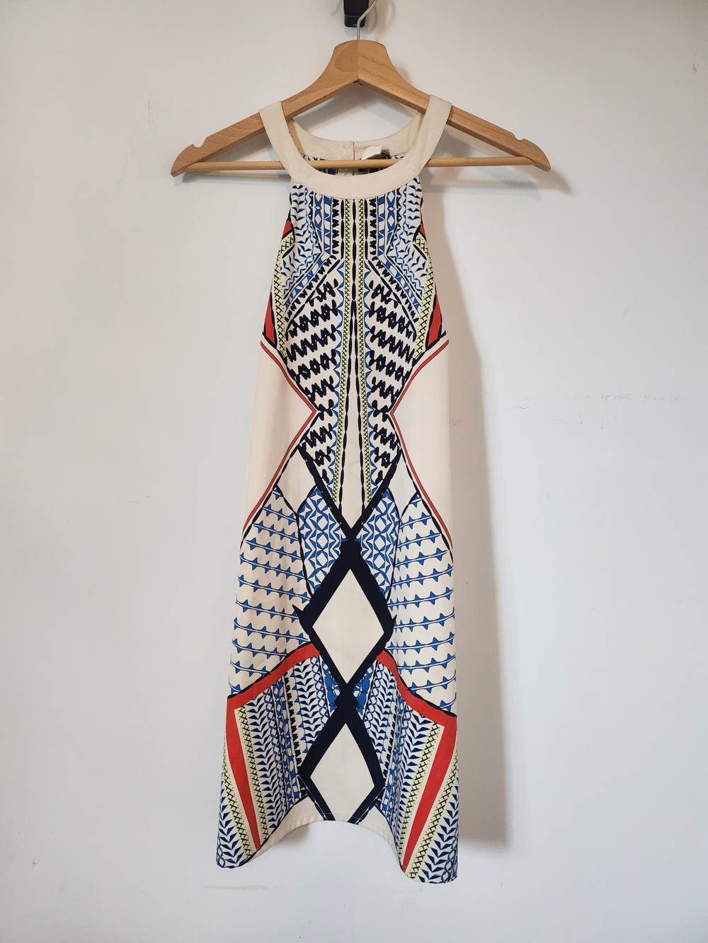 VENUS Cream Halter Dress with Blue and Red Geometric Print